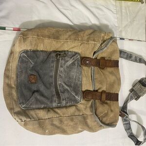 Boho Canvas Crossbody Bag Tan Gray Leather Trim Utility Shoulder Bag Adjustable